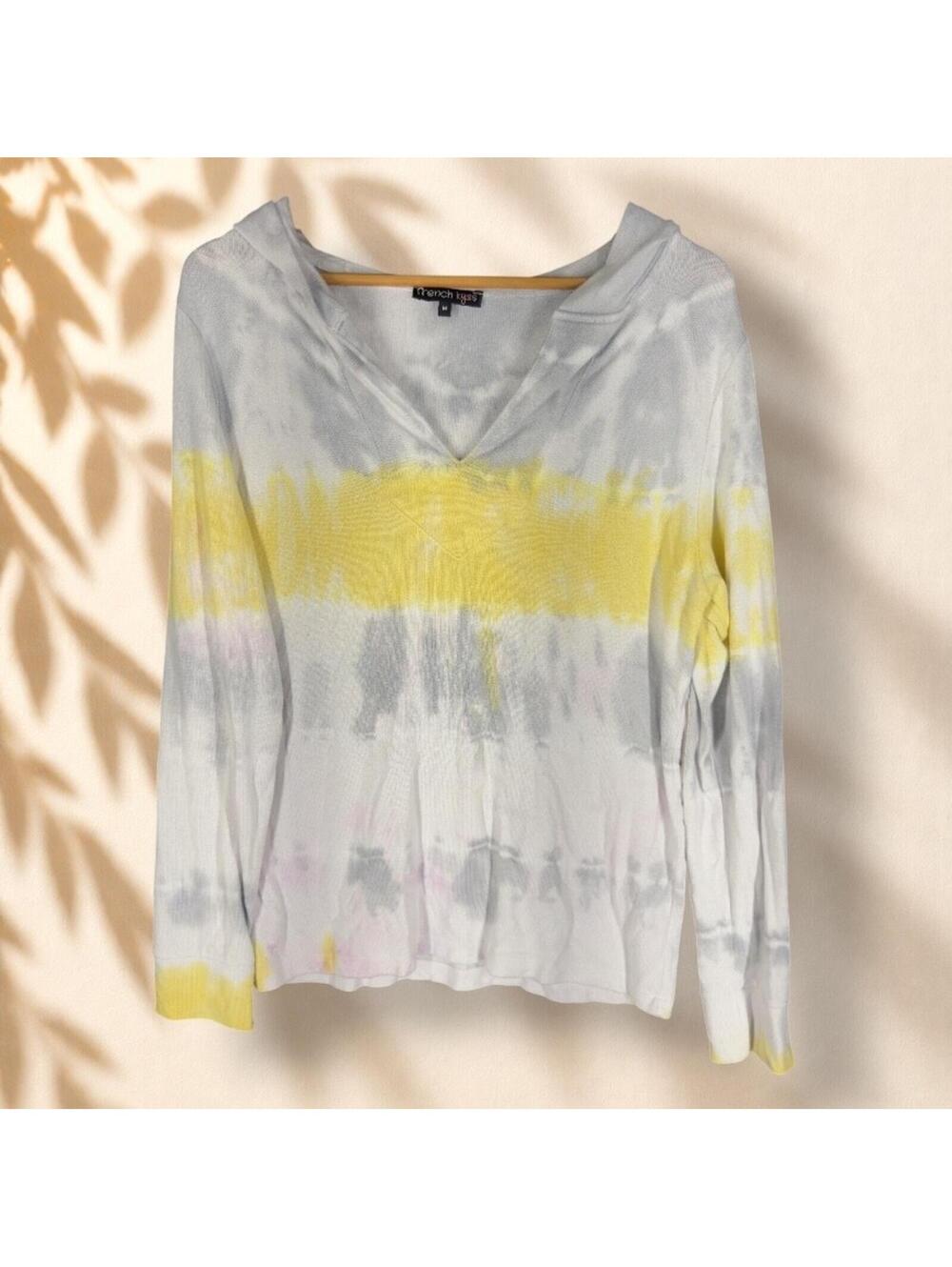 French Kyss Hoodie Women M Medium Gray Tie Dye V-Neck Hooded Long Sleeve Casual